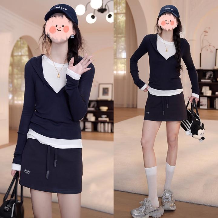 2025早春新款假两件帽衫长袖T恤+简约裤裙防走光半身裙卫裙套装