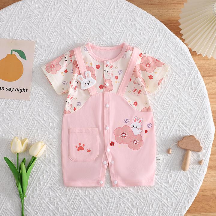 新生婴儿短袖连体衣夏季薄款女宝衣服粉色可爱小兔哈衣纯棉空调服