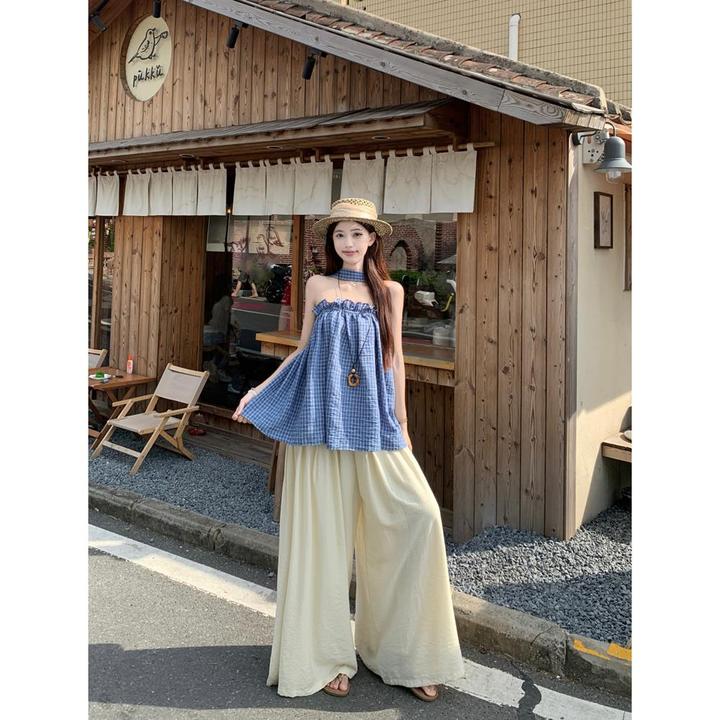 甜美纯欲格纹荷叶边抹胸背心2025夏季新款时尚百搭设计感挂脖上衣