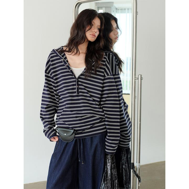 法式复古藏青色条纹半开领T恤女春秋款连帽宽松松弛感设计感上衣