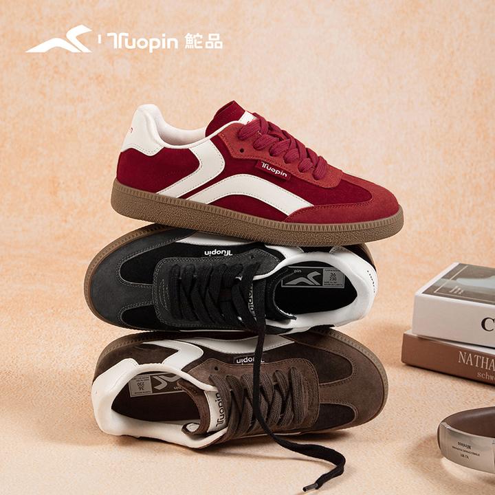 鮀品绒面德训鞋2026春季轻便休闲真皮百搭复古流光风防泼水德训鞋