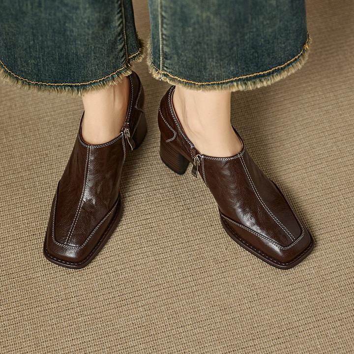 头层羊皮6cm～复古气质方头复古高跟舒适百搭裸靴粗跟新款单鞋时尚