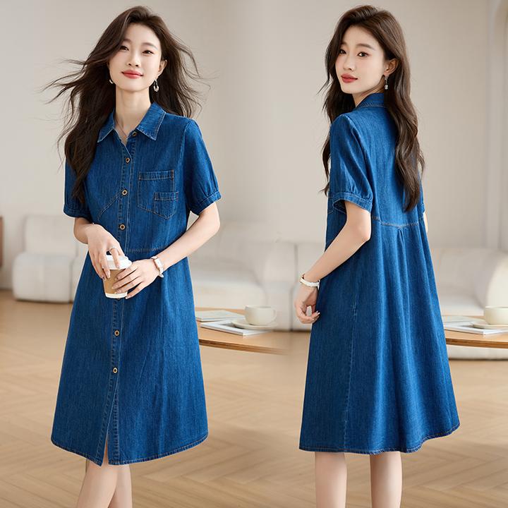 复古蓝色薄款牛仔连衣裙女2025夏季妈妈气质宽松休闲单排扣衬衫裙