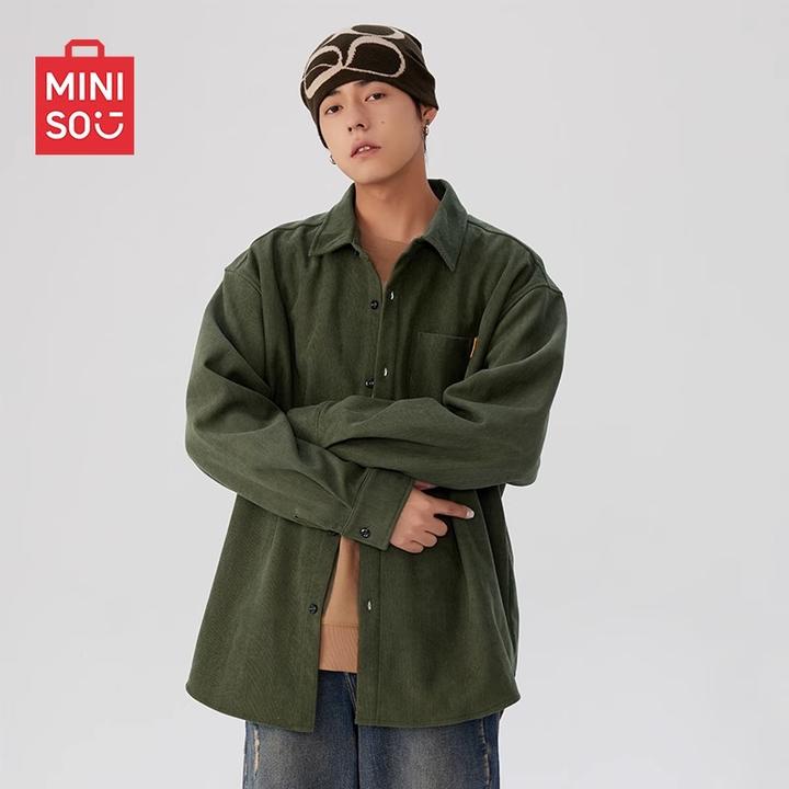 MINISO名创优品衬衣男春秋棕榈绿复古加绒外套男士灯芯绒翻领衬衫