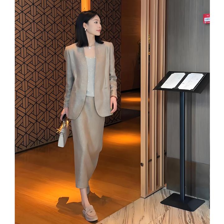 高端小香风亚麻西装套装女2025秋季新款西服外套上衣半身裙两件套