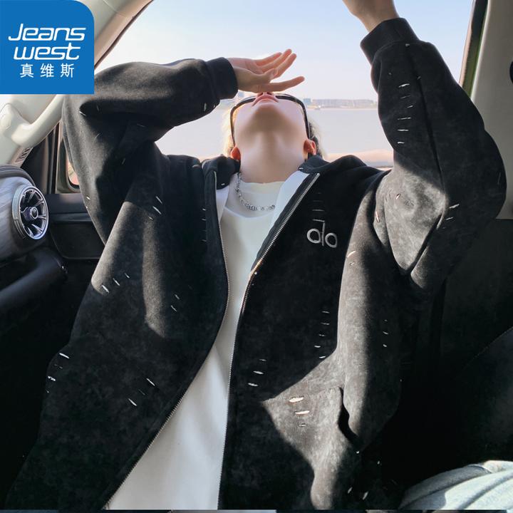 真维斯刺绣破洞连帽开衫卫衣男秋季美式重磅青少年上衣潮牌外套