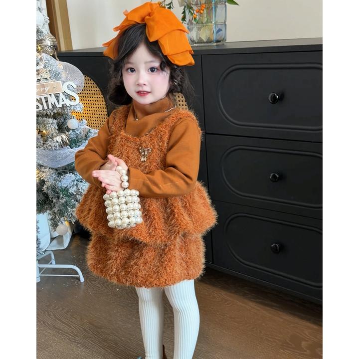 女童原创加绒套装冬季新款洋气甜美可爱流苏背心荷叶边三件套