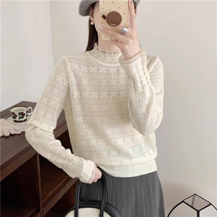 减龄木耳边秋季半高领钉珠羊毛内搭打底衫时髦外穿套头女秋冬毛衣