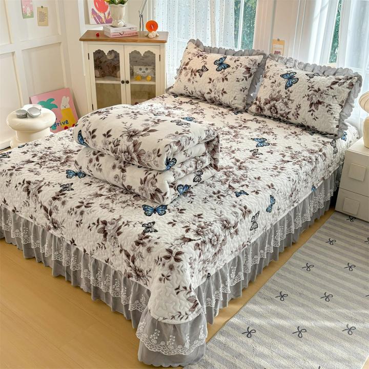 加厚牛奶绒床盖四件套秋冬保暖床盖三件套