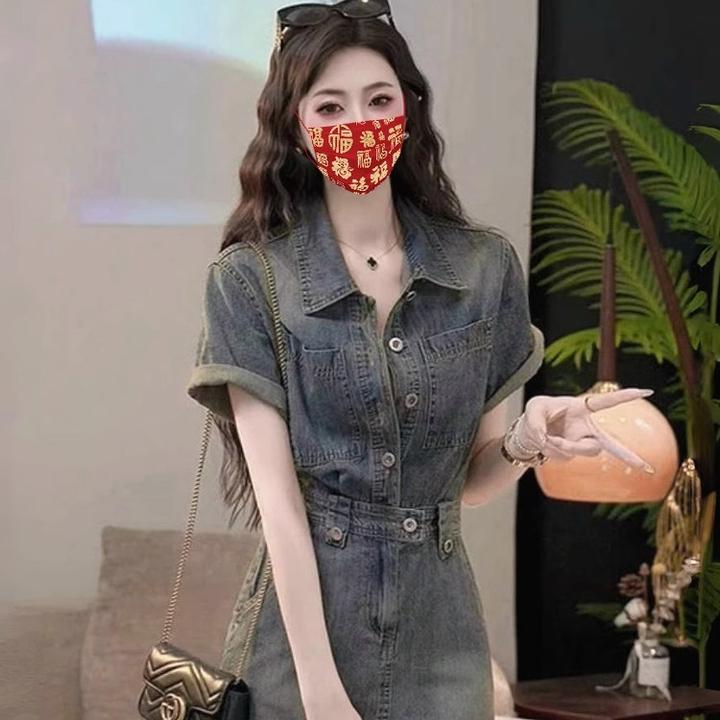 港风复古Polo领牛仔连衣裙女夏季2025新款小个子收腰显瘦a字短裙