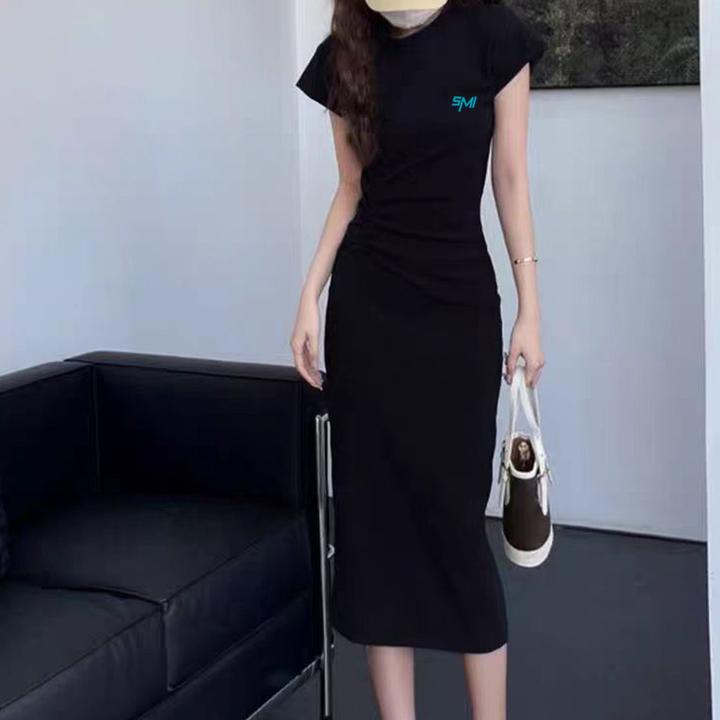夏2025新款黑色修身通勤风收腰抽褶短袖连衣裙女设计感开叉包臀裙