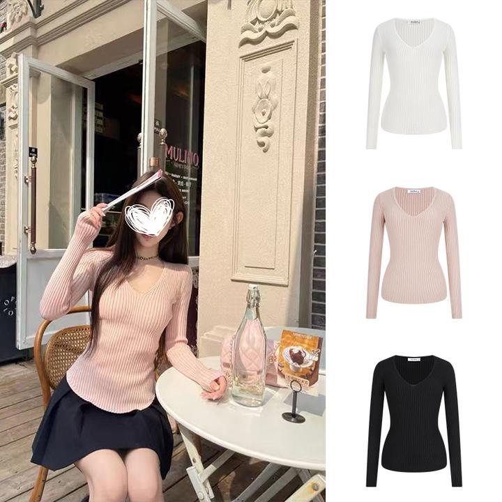 Moses Queen/魔西女王温柔V领针织打底衫秋冬修身纯欲毛衣内搭