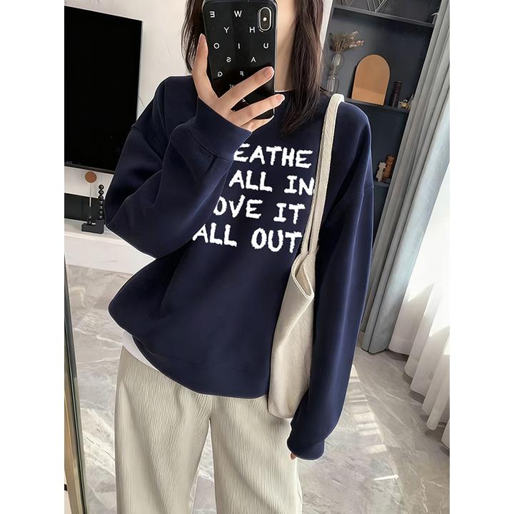 藏青色圆领长袖卫衣女秋冬季加绒加厚保暖打底衫休闲无帽套头上衣