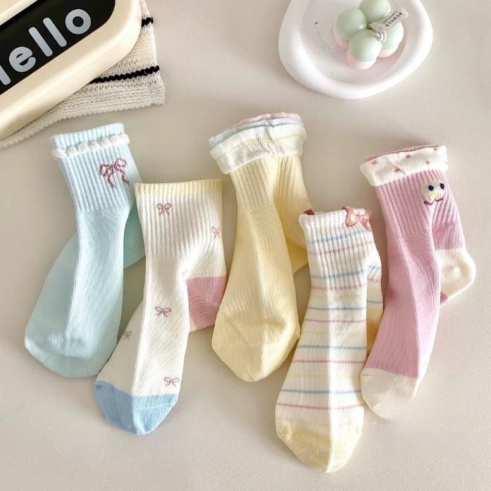 【秋款上新】女童袜子秋款黄粉系蝴蝶结女宝卡通百搭中筒棉袜