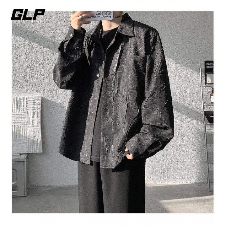 解构肌理感裂纹大码衬衫男士春秋潮牌青少年高级感宽松休闲衬衣