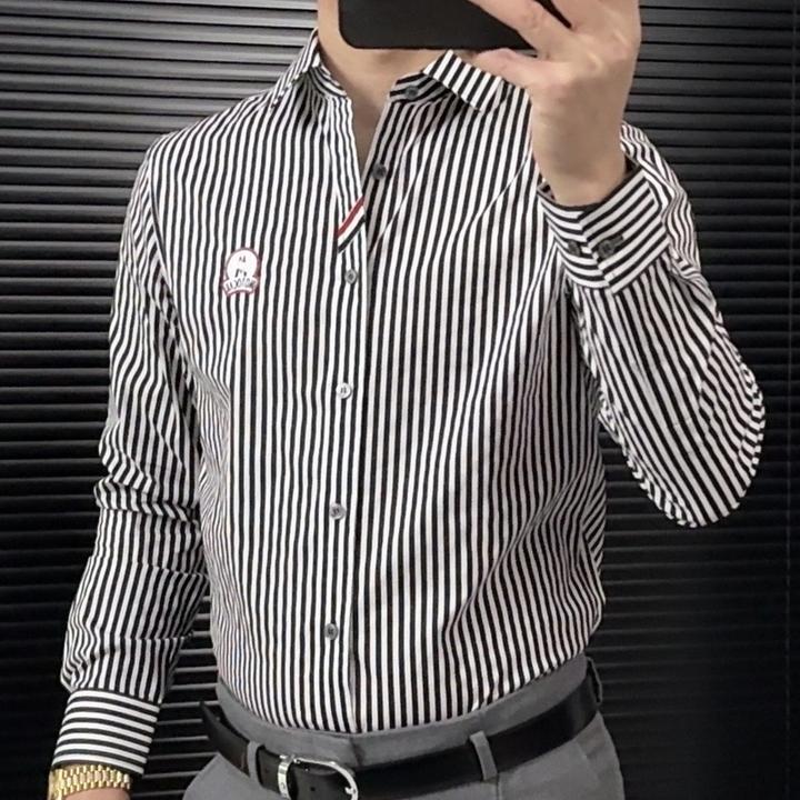 男士春季经典条纹设计门襟织带点缀高端男士衬衫衬衣长袖时尚休闲