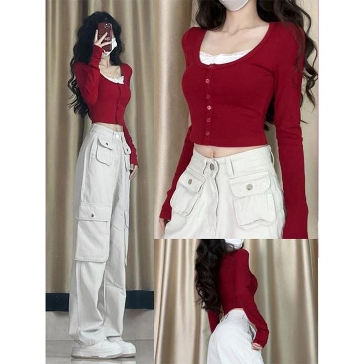 微胖mm春秋穿搭套装2025甜辣风修身假两件针织上衣工装裤两件套女