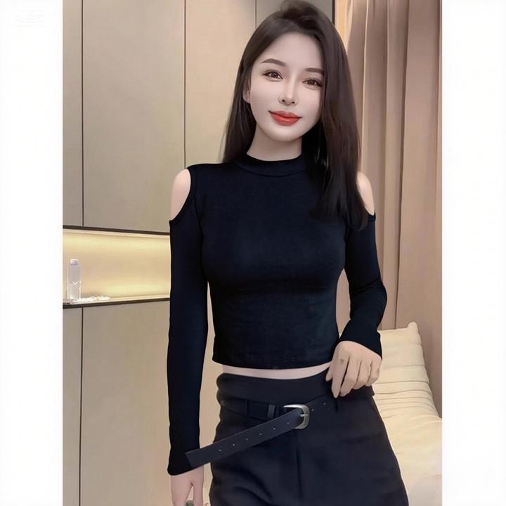 黑色露肩时尚百搭打底衫女秋冬季内搭设计感韩系长袖短款t恤上衣