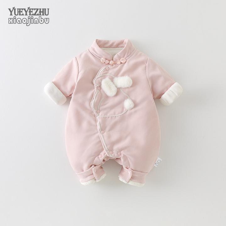 婴儿秋冬夹棉薄棉连体衣女宝宝新中式衣服冬季洋气公主外出新生儿