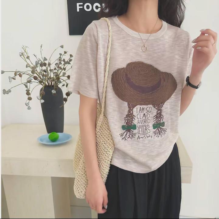 【现货+运费险】草帽女孩新款薄款针织衫夏季圆领宽松显瘦减龄T桖