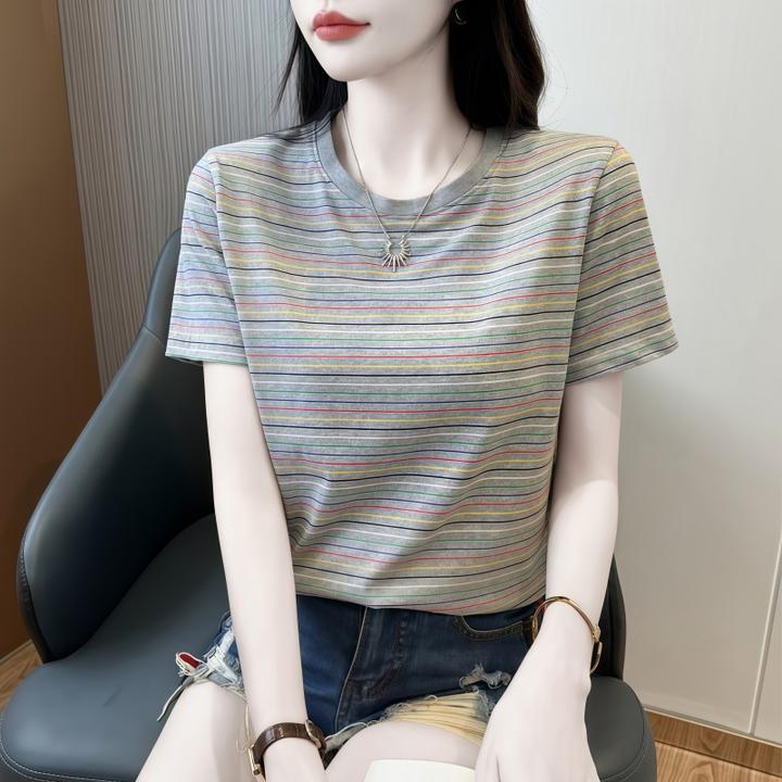 条纹t恤短袖女纯棉宽松显瘦遮肚2025新款夏季高级感圆领正肩上衣