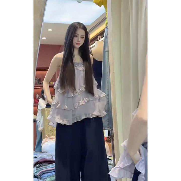 甜美减龄蛋糕层次时尚气质设计感吊带上衣百搭宽松显瘦阔腿裤长裤