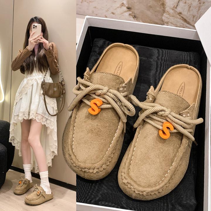 韩系女鞋大头系带勃肯鞋女2025秋季休闲通勤春夏复古厚底包头半拖