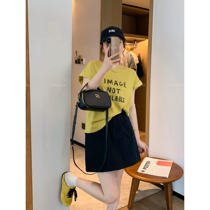 韩版宽松套头圆领印花黄色短袖t恤女夏季慵懒百搭设计感正肩上衣