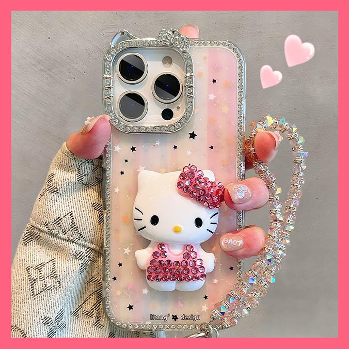 少女心ins粉条纹星星立体闪钻kt猫适用苹果16ProMax手机壳iPhone1