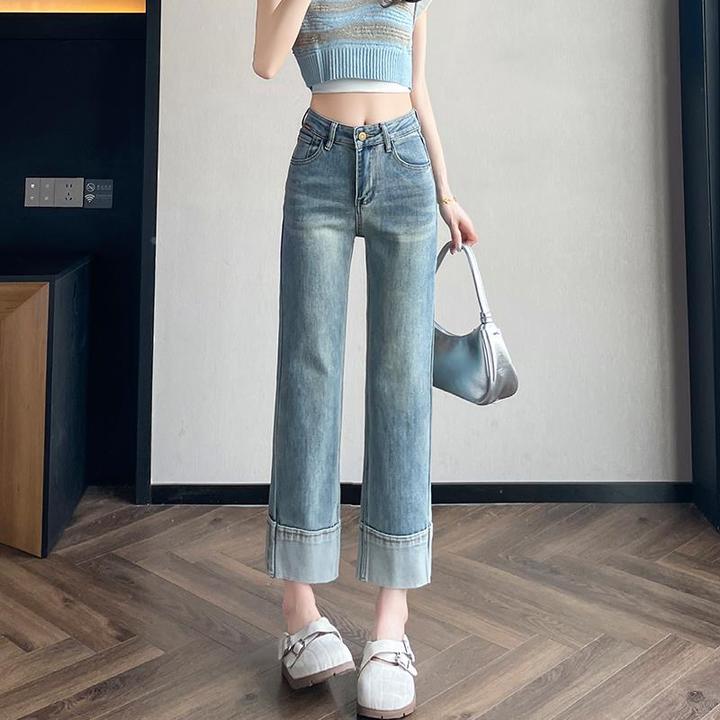 杜拉妮复古窄版翻边烟管牛仔裤女士2025夏季薄款高腰小个子拼接