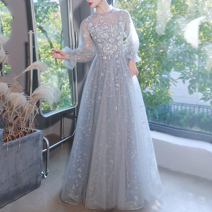 灰蓝色晚礼服女2025新款宴会仙气质艺考礼服裙长袖生日派对年会礼