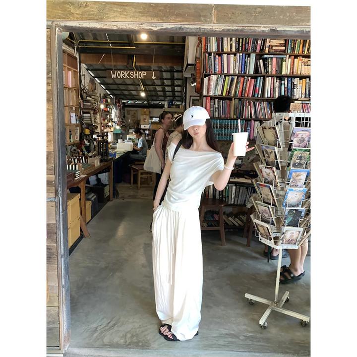 纯欲风新款套装时尚气质设计感一字肩收腰上衣百搭显瘦直筒阔腿裤