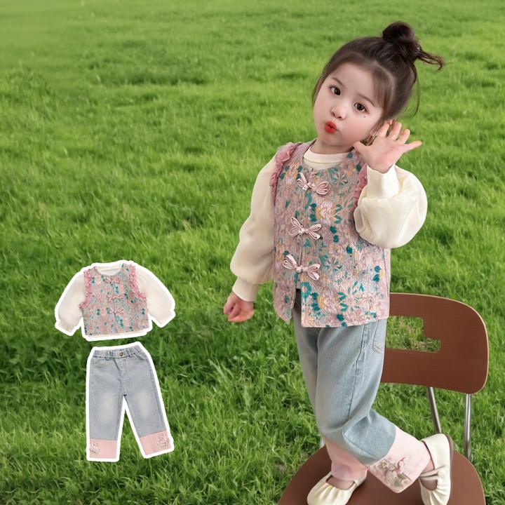 女童中式套装春秋款儿童甜美小女孩国潮套装新款中国风宝宝三件套