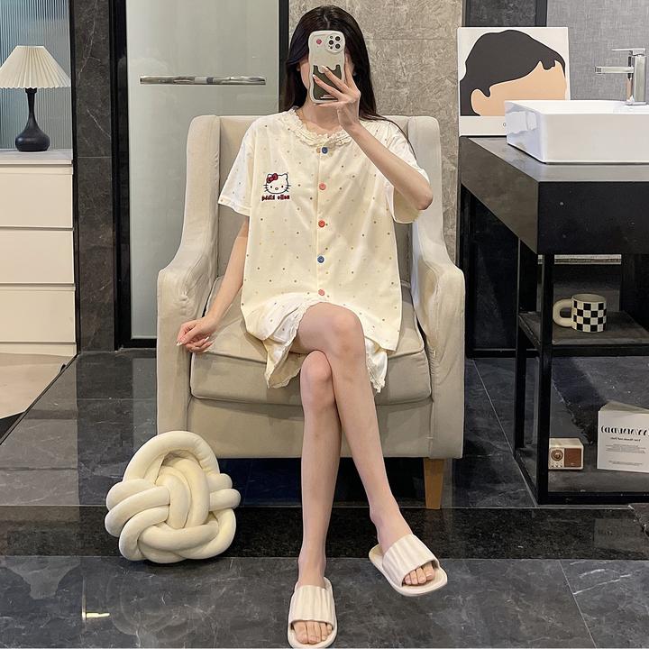 纯棉睡衣女士夏季短袖大码凉感可外穿2025新款圆点kt猫家居服套装