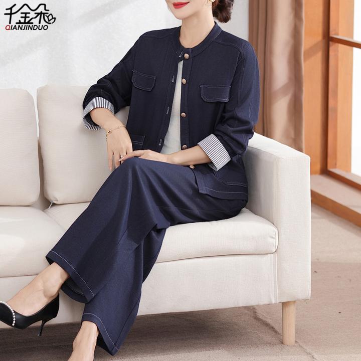 妈妈装秋装套装2025新款洋气中老年女春秋牛仔外套品牌上衣两件套
