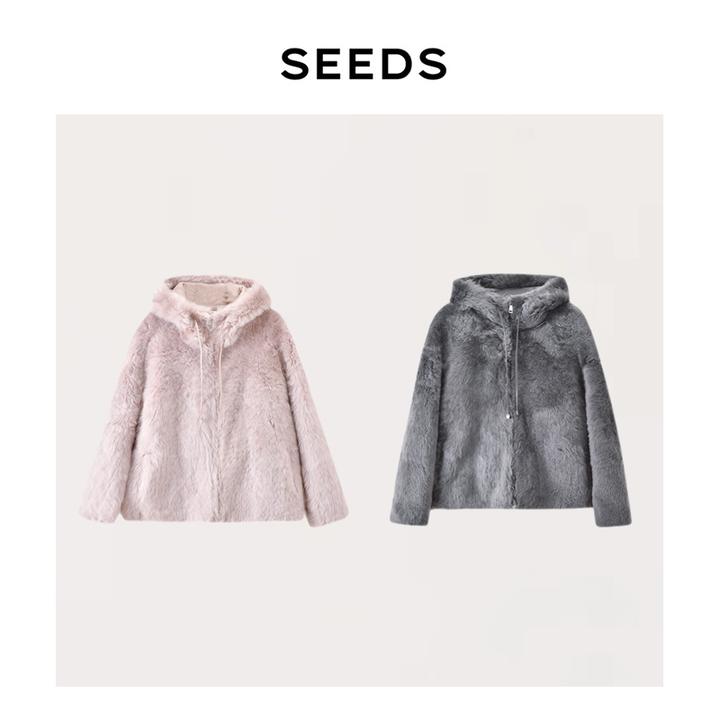 【粉珍珠】SEEDS 欧洲拉贡直毛皮毛一体连帽皮草外套（新色·灰）