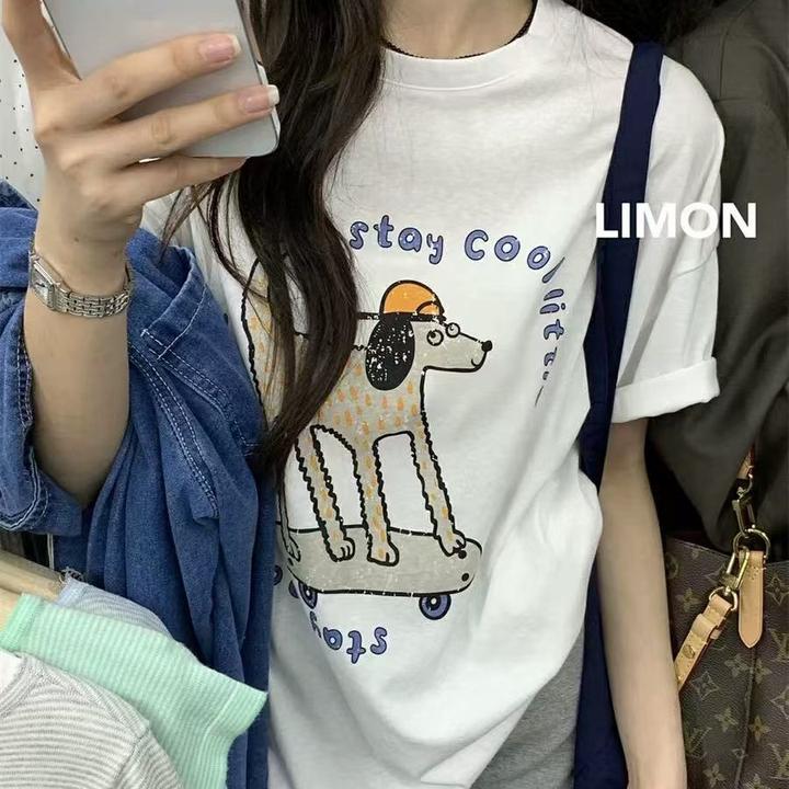 （黄帽狗狗）2025春夏韩版宽松圆领卡通印花短袖纯棉T恤女C575