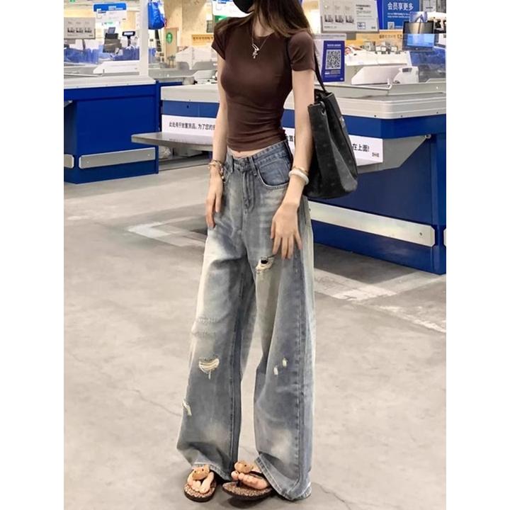 【店铺热销】美式破洞阔腿牛仔裤女春秋新款显瘦小个子宽松高腰直筒