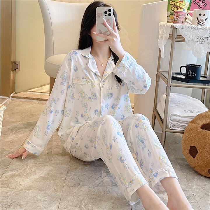 新款印花开衫睡衣套装夏天薄款甜美长袖长裤家居服宽松透气少女