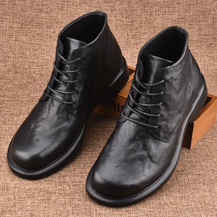 EAEOVNI男鞋秋冬新款商务高帮皮鞋系带靴厚底软皮休闲中帮鞋