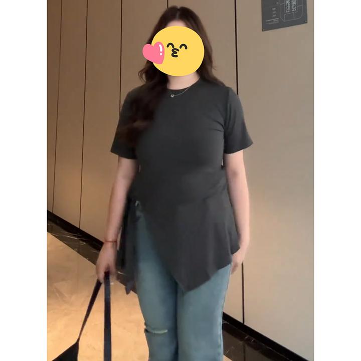 美式复古设计感短袖t恤女2025夏季新款不规则开叉修身正肩上衣