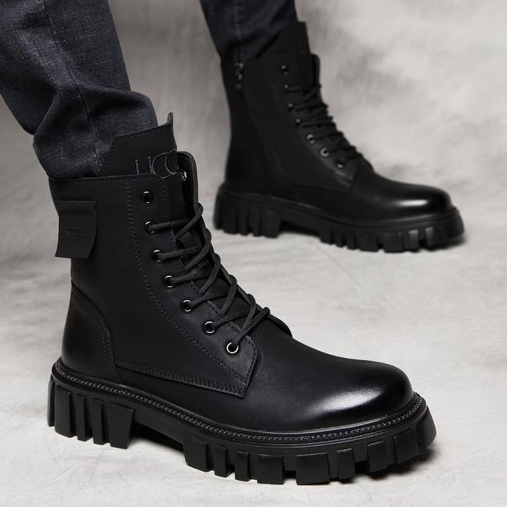 法莎尼亚马丁靴秋冬英伦风高帮鞋真皮内增高软皮工装靴加绒作战靴