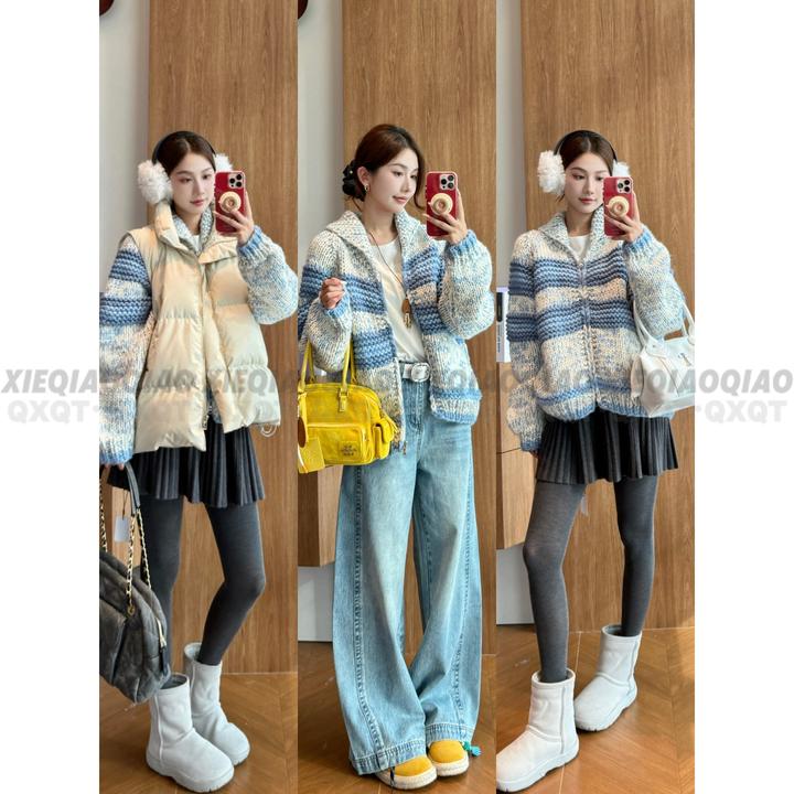 谢荞荞「浅秋兰屿」100羊毛秋冬新款翻领撞色条纹宽松毛针织外套