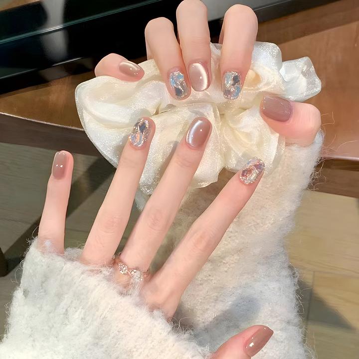 晶石猫眼穿戴甲手作短款美甲30片金箔闪粉星空指甲贴美甲甲片批发