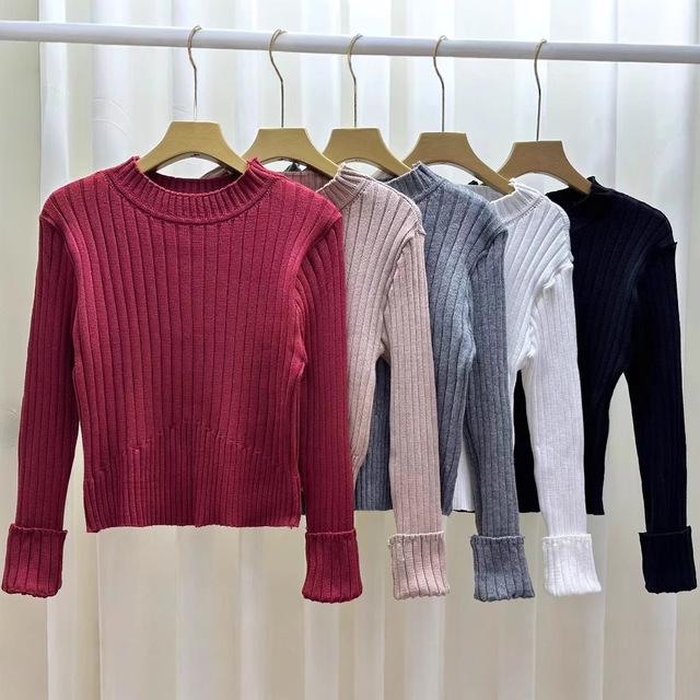 掐腰修身短款圆领毛衣女2024秋季新款坑条显瘦针织衫内搭长袖上衣