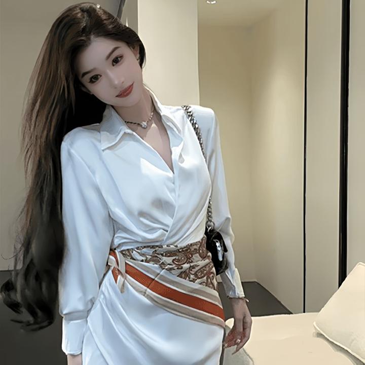 高级感气质v领白色长袖衬衫连衣裙气质爆款新款收腰显瘦a字短裙女