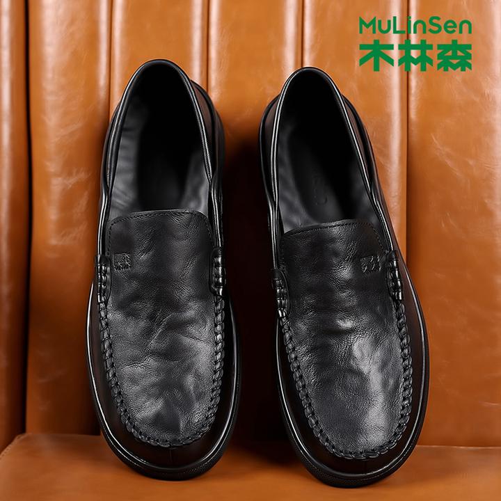 木林森男鞋乐福鞋2025新郎真皮男款中老年黑色商务通勤办公