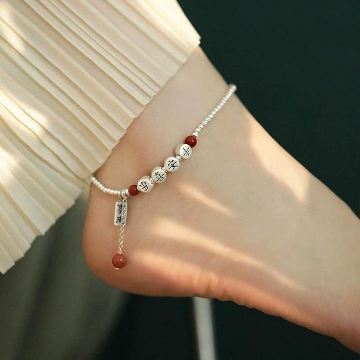 925银仿水晶脚链 复古中式平安喜乐银脚链百搭民族风小众设计高级