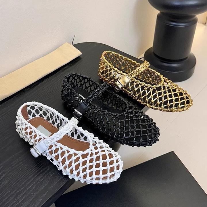 新款韩版平底单鞋女夏季镂空编织皮带扣玛丽珍芭蕾舞低跟鞋