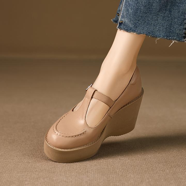 时尚百搭纯色休闲厚底坡跟鞋新款软皮舒适松糕底高跟女鞋单鞋圆头